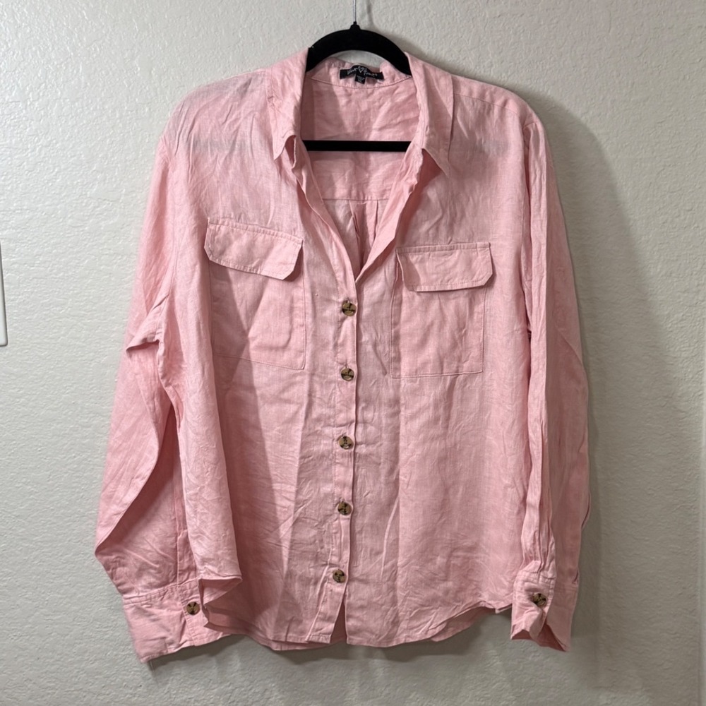 Velvet Heart Pink 100% Linen Button Shirt Long Sleeve Coastal Travel Romantic XL